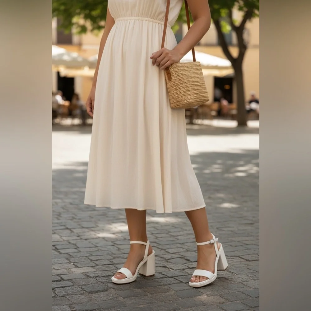 Putu White Platform Heel Sandals Womens Size 8.5 Ankle Strap Block‎ Heel New